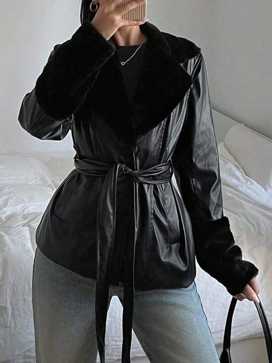 Jackets & Blazers - Black contemporary Women's Long Sleeve belted faux leather fur trim Jacket